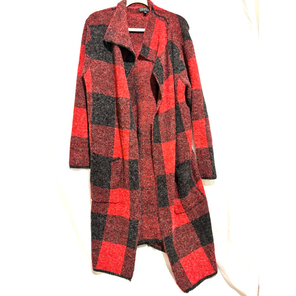 Joseph A Cardigan Shacket Womens sz L knit Boho Career long Red black Cozy patch - Picture 1 of 7